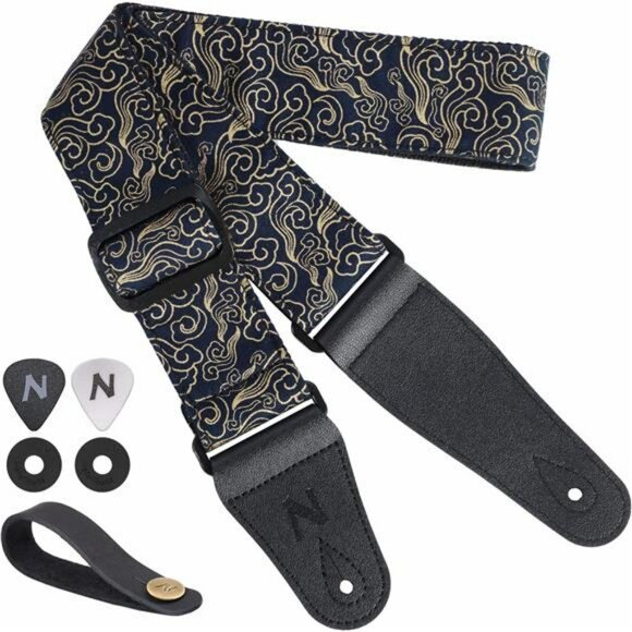 Adjustable Cotton Guitar Strap with Picks Locks Leather Ends Gift Set - Picture 1 of 7